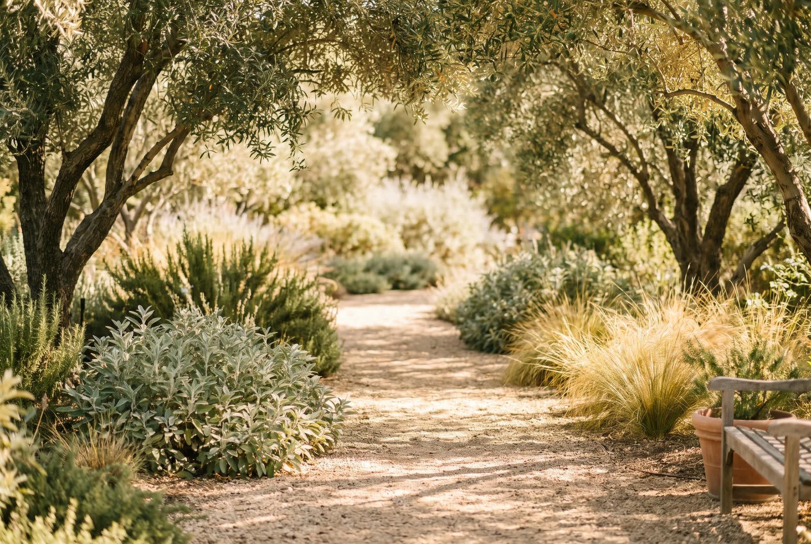 A sunlit garden path at midday