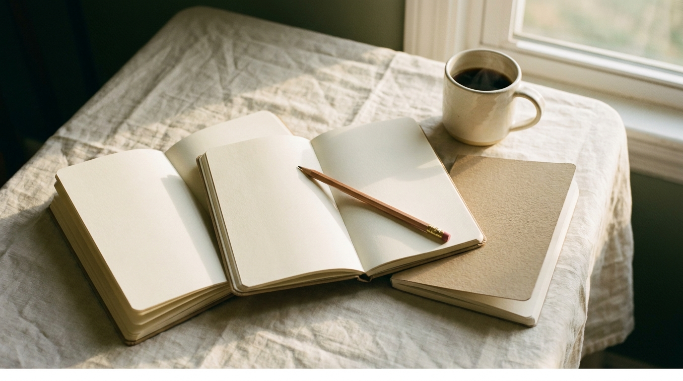 Open notebook, fountain pen, and stack of books on a cream linen desk — the research cluster editorial hero