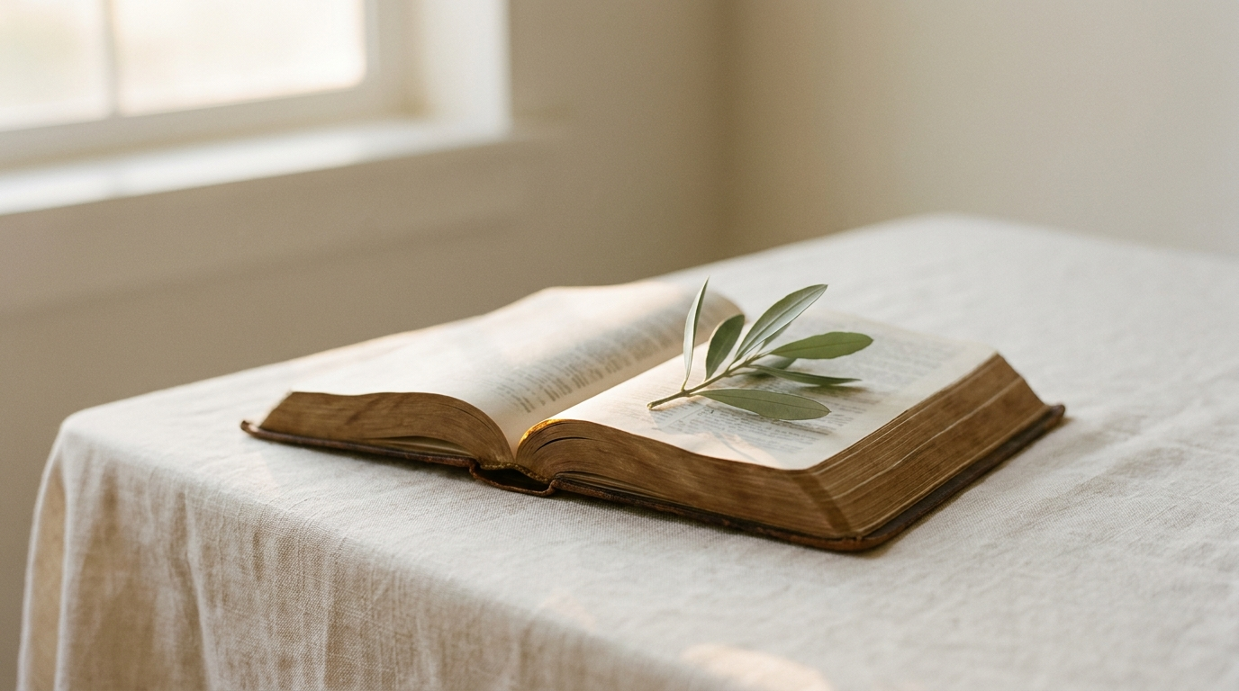 Open Bible with a wheat sprig resting on its pages, beside a vintage brass pocket watch and a clay cup of water — the faith cluster editorial hero
