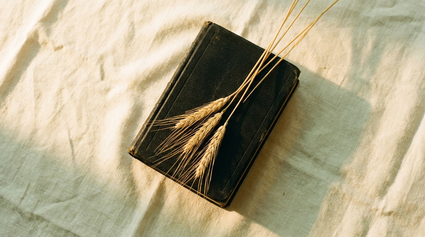 Top-down overhead view of a closed black hardback Bible on cream linen with three slender stalks of golden ripe wheat laid diagonally across the cover — the biblical fasting tradition editorial hero