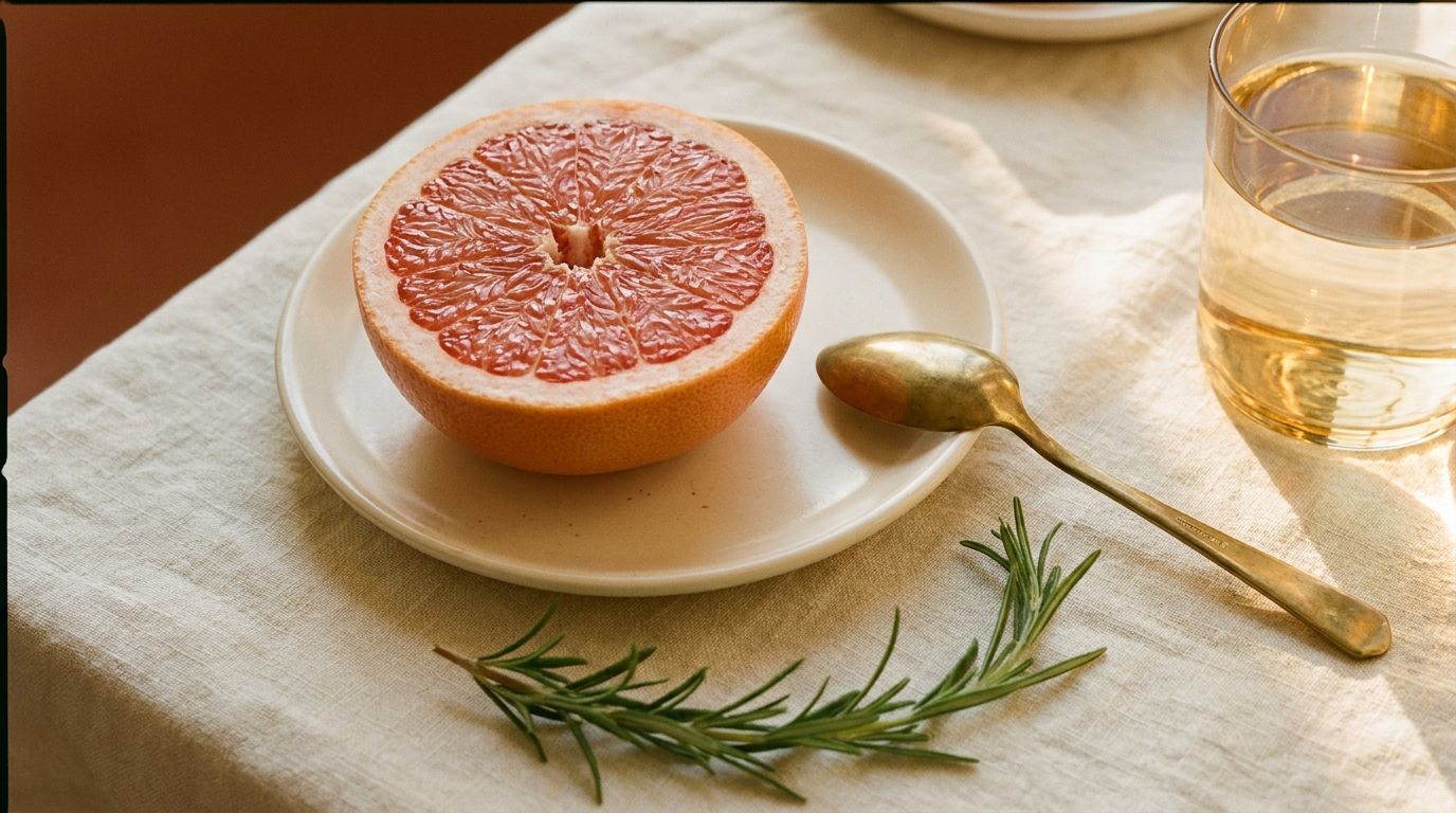 A halved ripe grapefruit cross-sectioned on a small cream ceramic plate with a brass spoon, a glass of water catching warm golden light, and a sprig of fresh rosemary on cream linen — the insulin sensitivity editorial hero