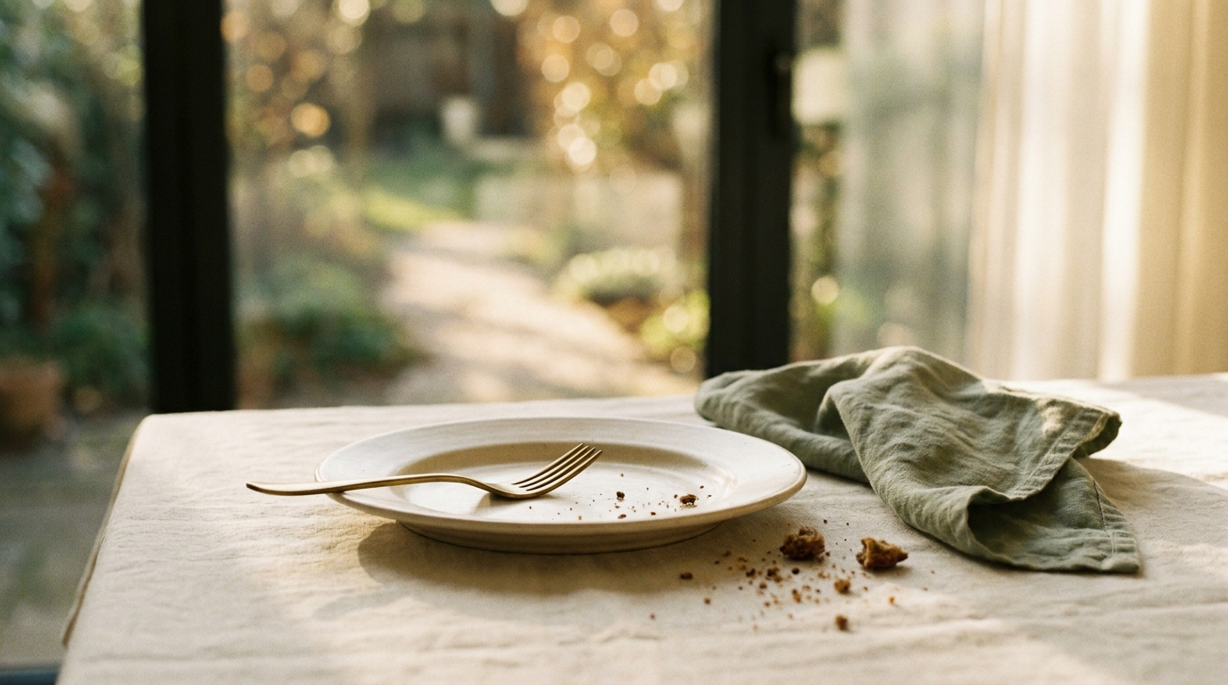 Empty cream ceramic plate with a brass fork and a few breadcrumbs on cream linen, a sage-green napkin tossed beside it, and a sunlit garden path visible through the window beyond — the post-meal walking editorial hero