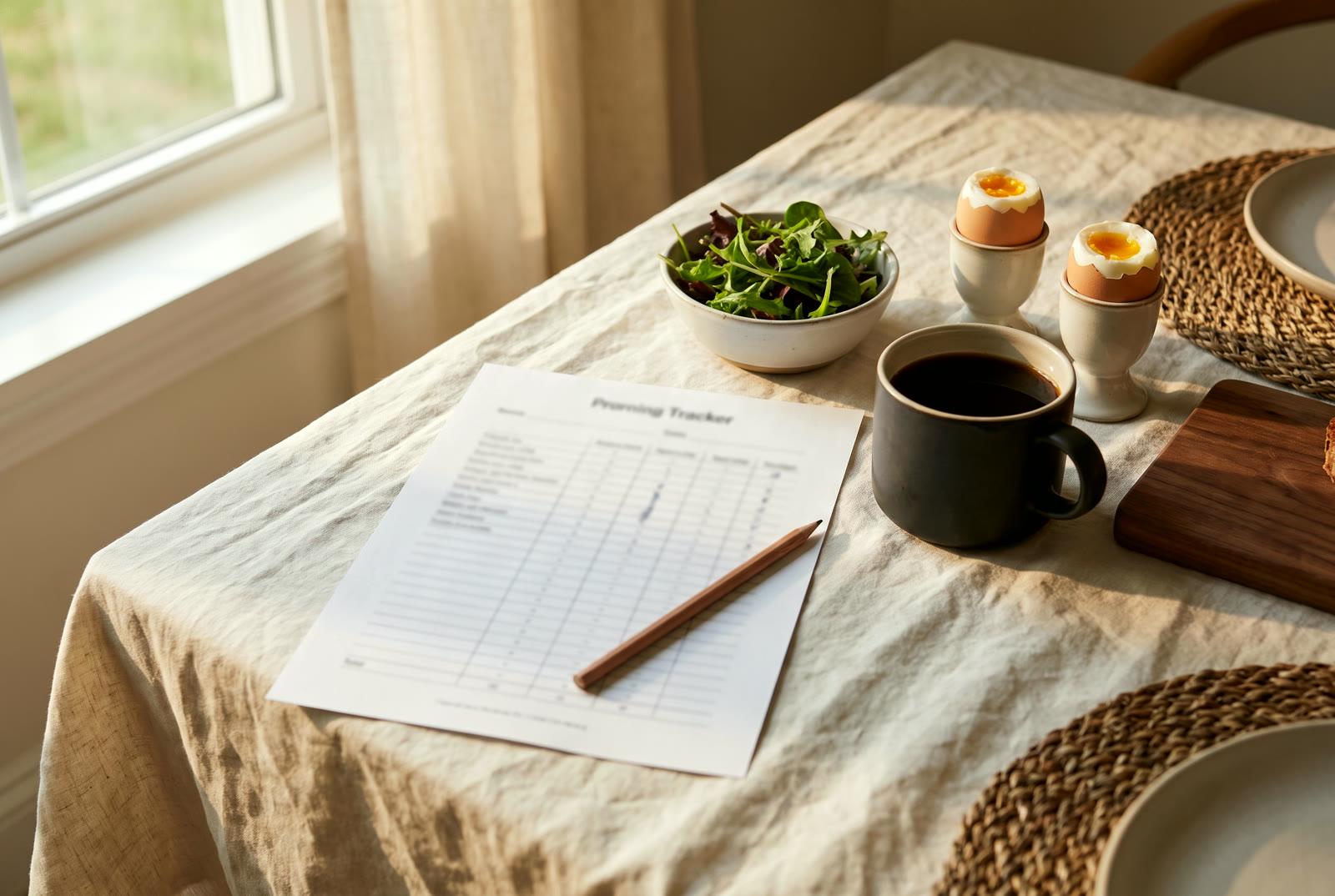 A morning table with a printed tracker sheet, pencil, and simple breakfast