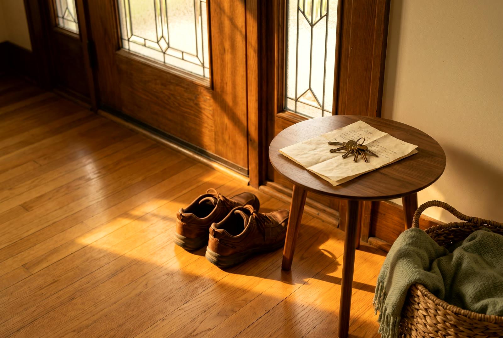 Entryway at golden hour — walking shoes by the door, a folded tracker sheet under house keys on a side table