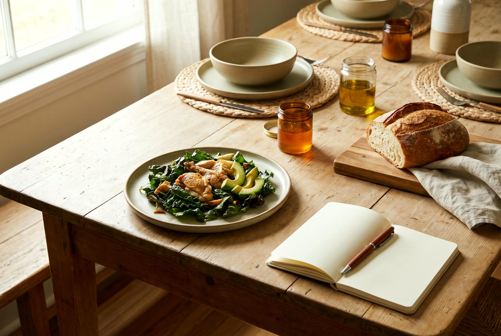 A full table at noon — a sequenced meal in warm light, a journal open at its edge