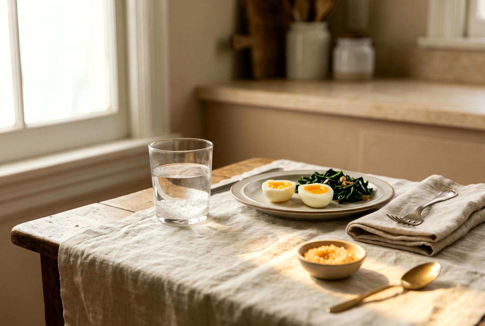 Mid-morning kitchen light — a salted glass of water beside a plate of eggs and greens, waiting