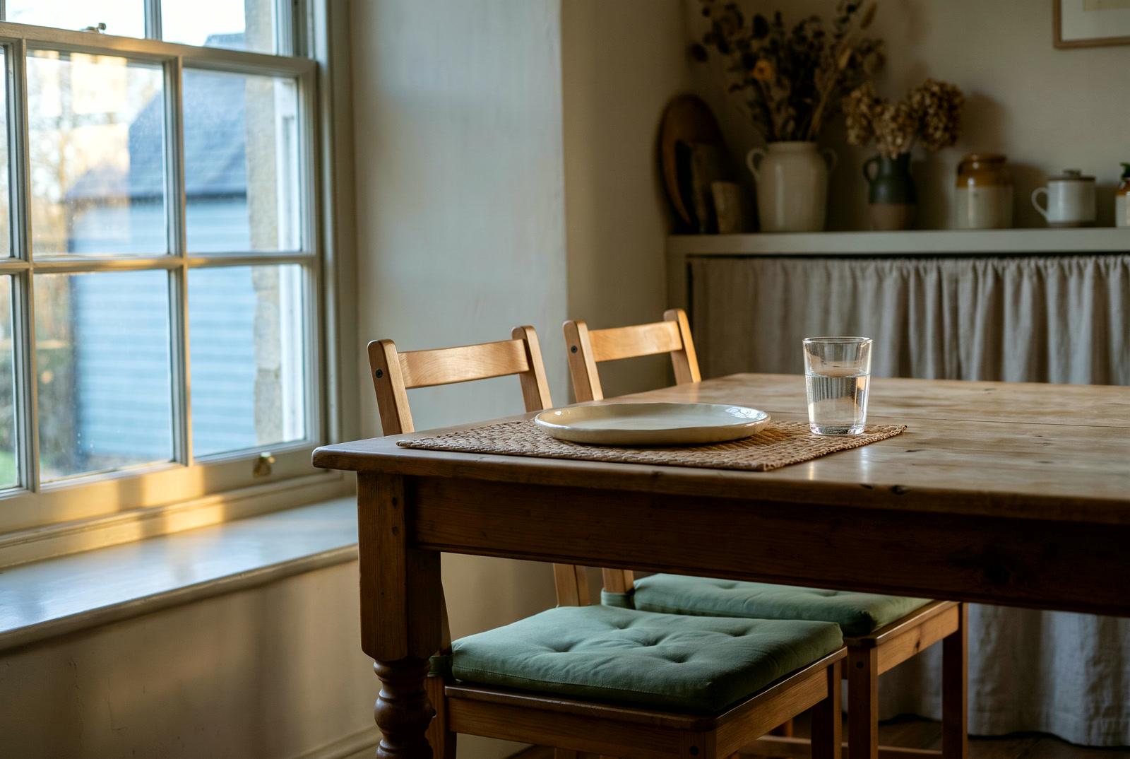 A kitchen table before dawn — an empty plate and a glass of water in blue-gold first light