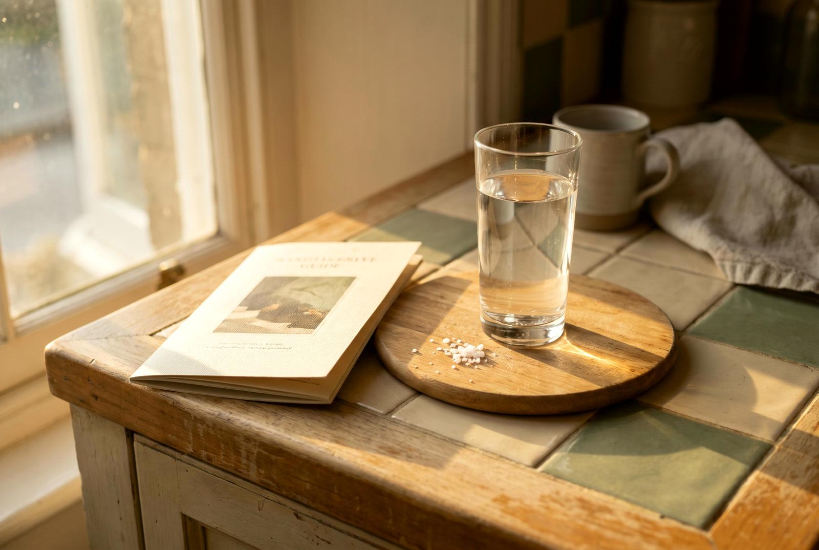 Sunrise kitchen at first light — a glass of water with a pinch of salt beside a folded 7-day reset guide on the counter